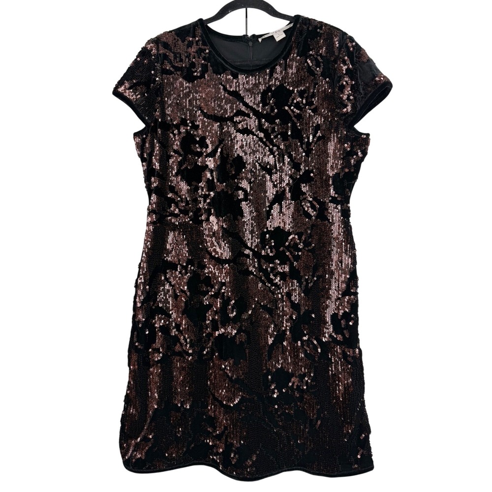 Chelsea & Violet Black‎ Velvet Bronze Sequin Shift Dress Short Sleeve Womens L